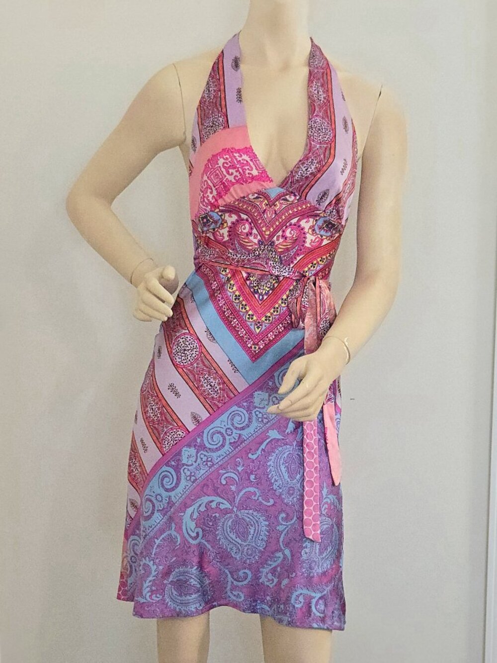 Vintage Alice and Trixie Silk Halter Wrap Dress Y2K Pink Paisley Size 2